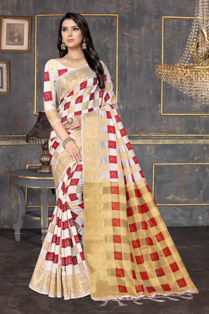 Red printed silk saree with blouse