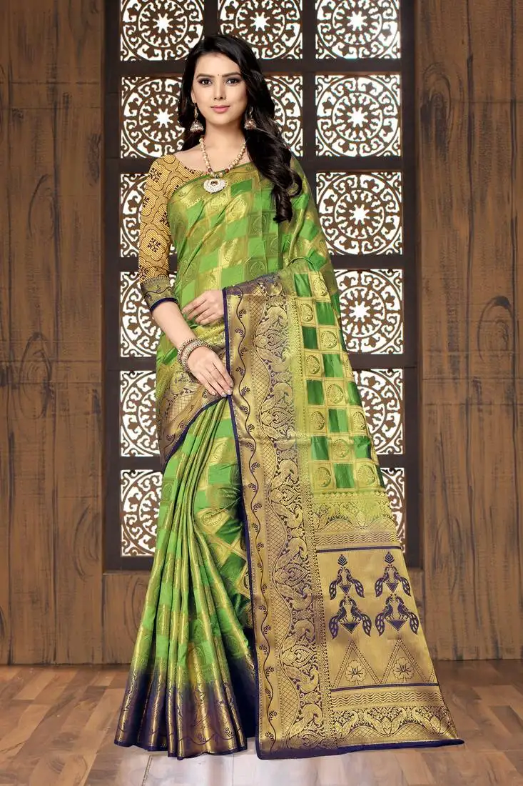 Light green printed art silk saree with blouse