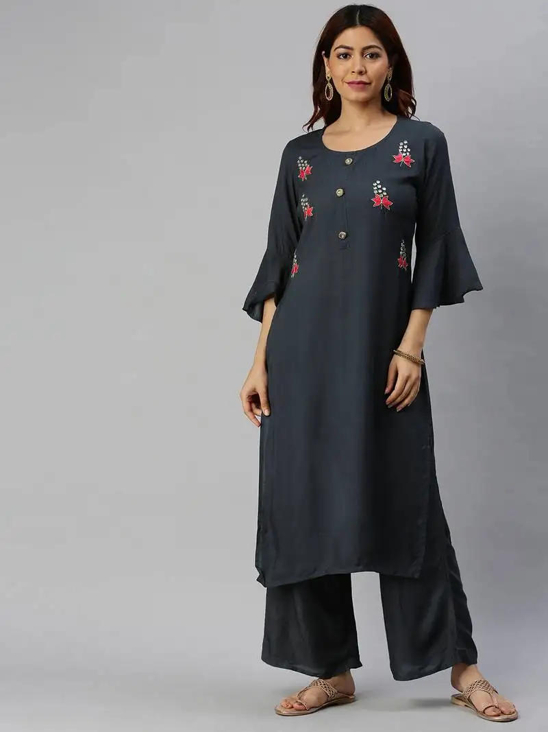 Grey plain rayon ethnic-kurtis