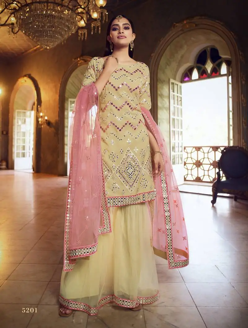 Beige thread embroidered with foil mirror organza gharara suit semi stitched