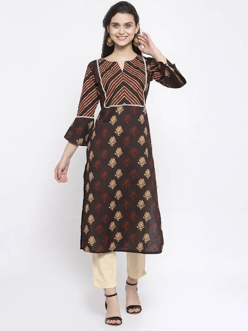 Coffee printed cotton kurtas-and-kurtis