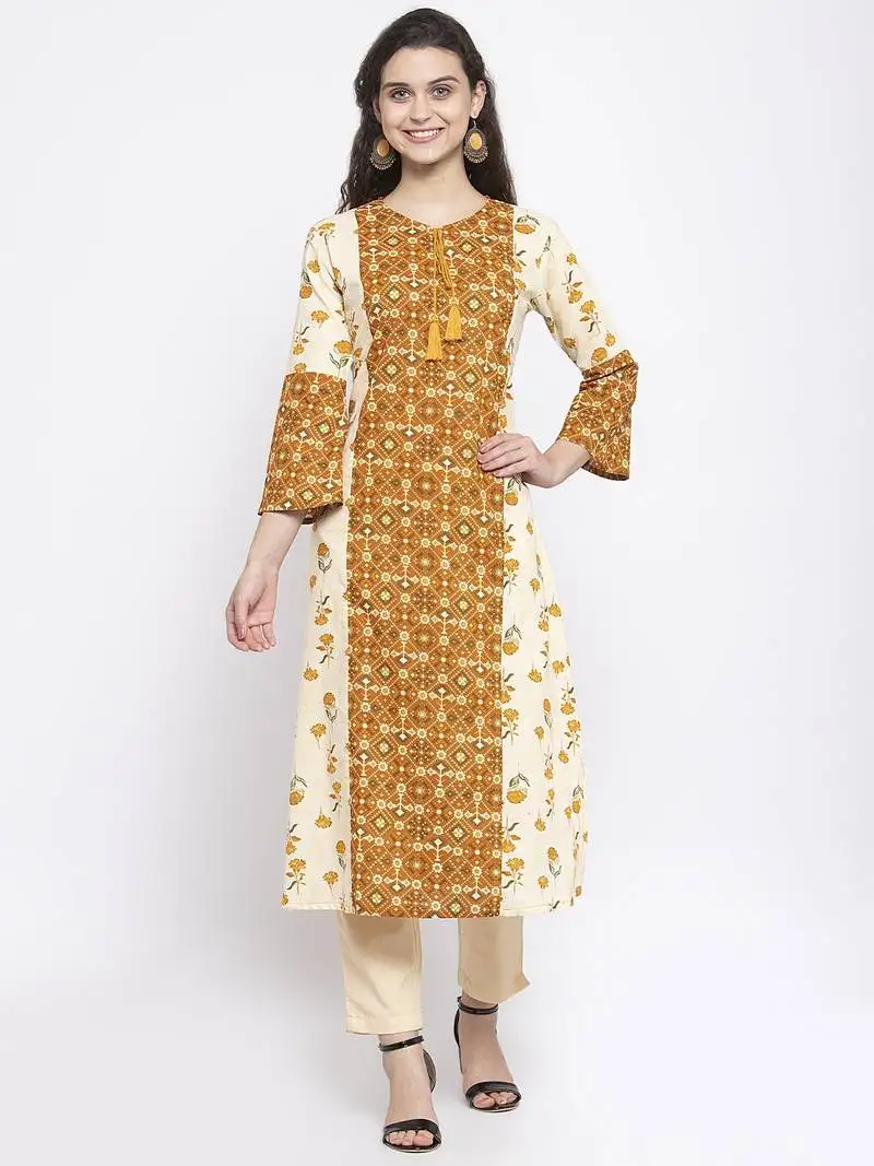 Mustard printed cotton kurtas-and-kurtis