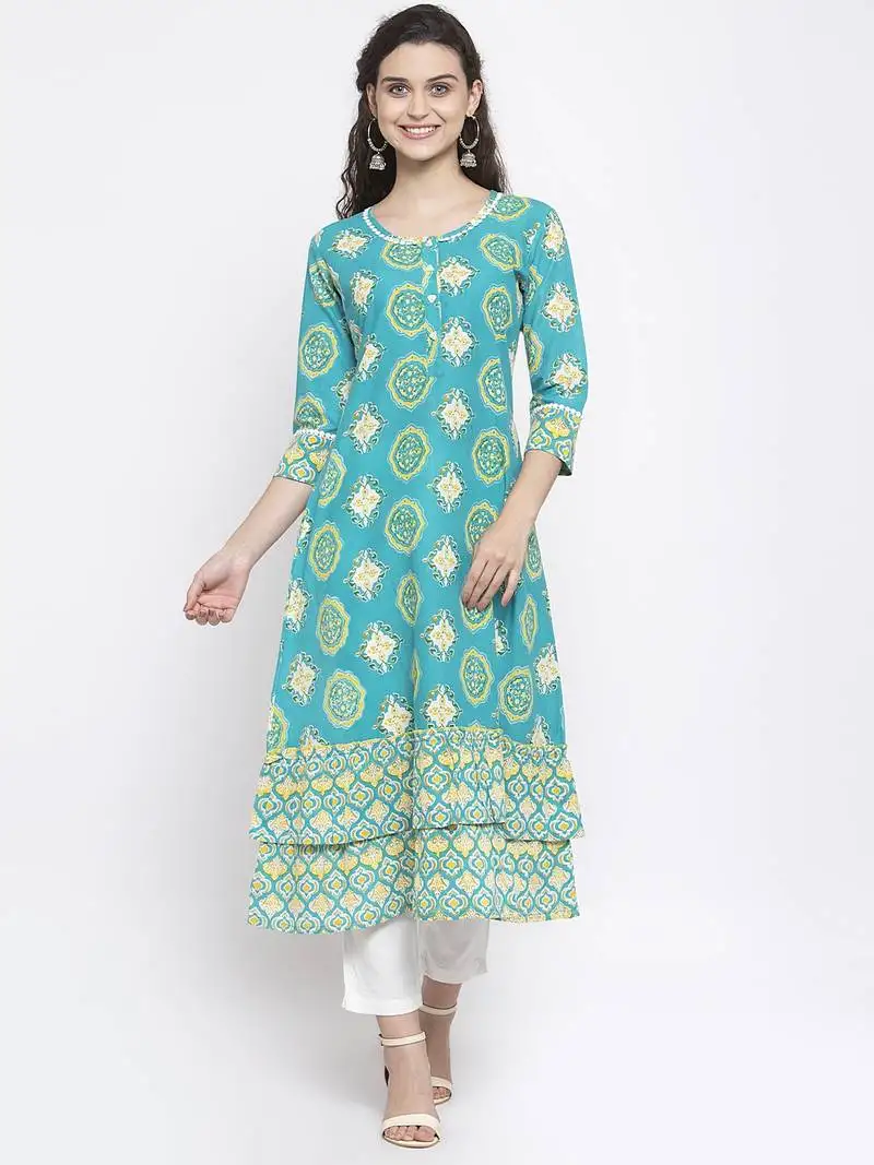 Teal printed cotton kurtas-and-kurtis
