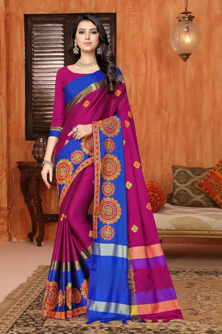 Pink embroidered cotton silk saree with blouse