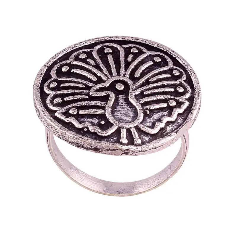 Antique silver oxidized adjustable peacock finger ring for women::Girls