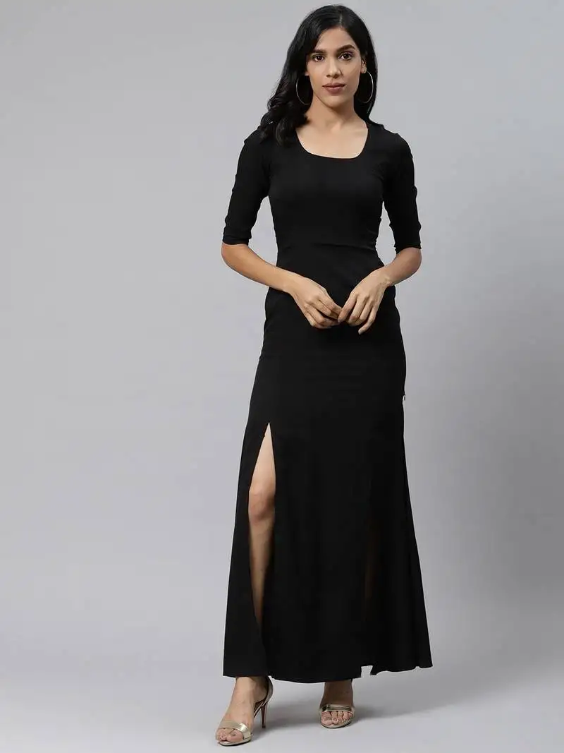 Black plain crepe long-kurtis