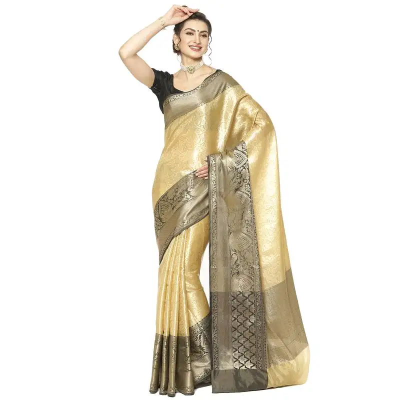 Beige woven kanchipuram silk blend saree with blouse