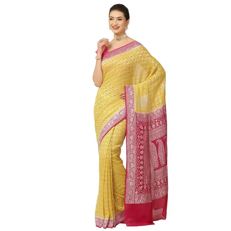 Yellow woven georgette saree with blouse