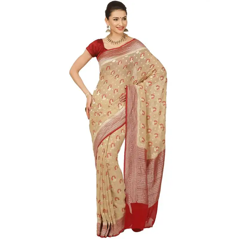 Beige woven georgette saree with blouse