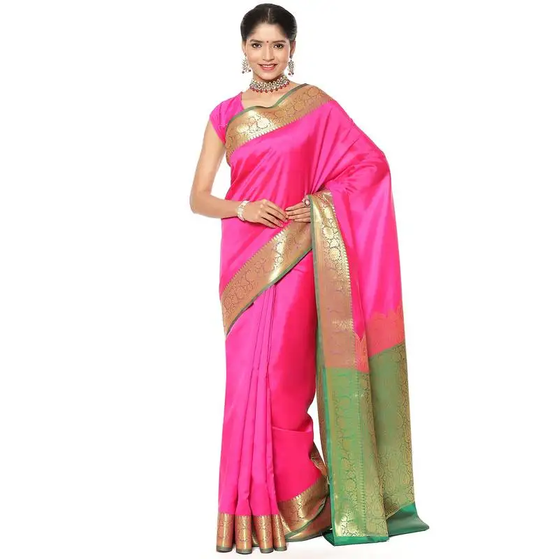 Pink woven katan silk saree with blouse