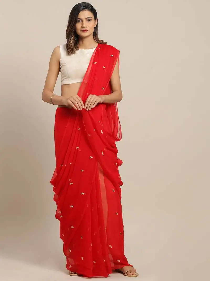Geroo jaipur red embroidered chiffon saree with blouse