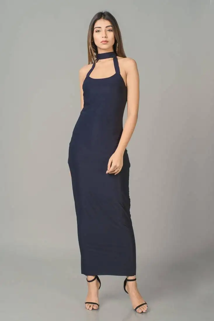 Black plain lycra long-dresses