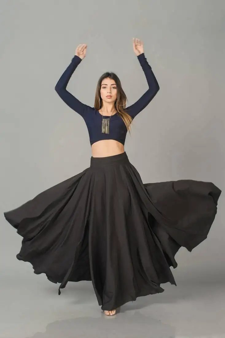 Black plain cotton long-dresses