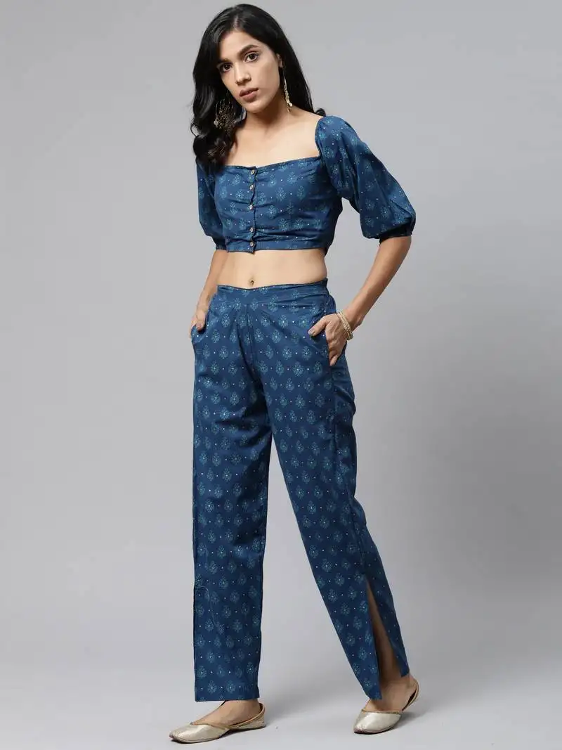 Teal blue printed cotton long-dresses