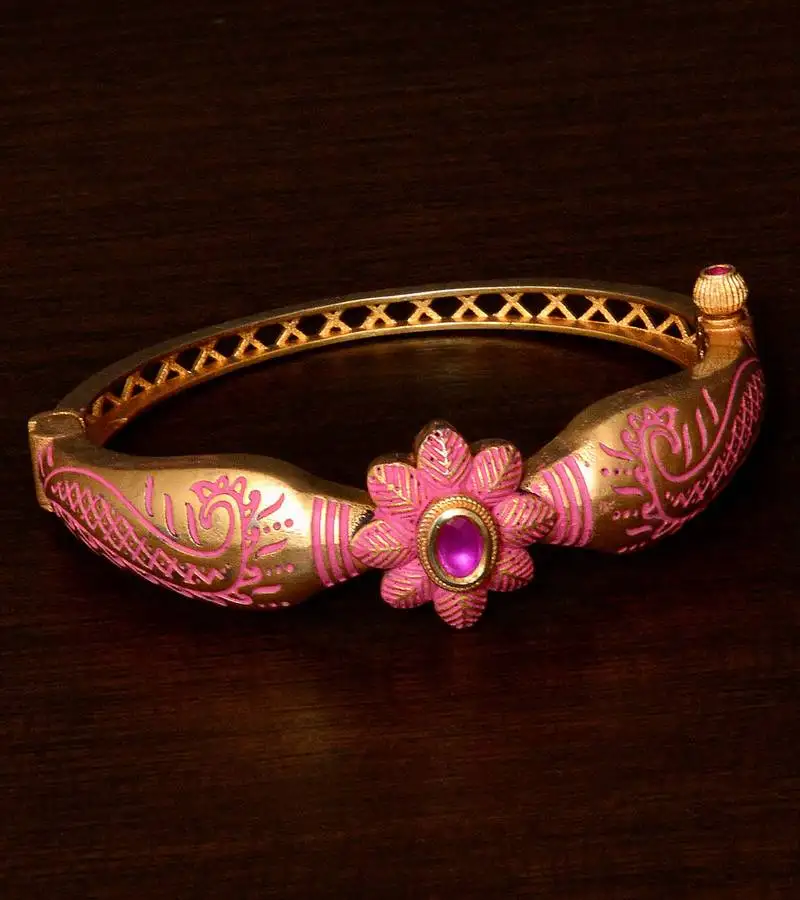 Copper made ruby stone embellished pink meenakari worked fine quality bracelet bd355
