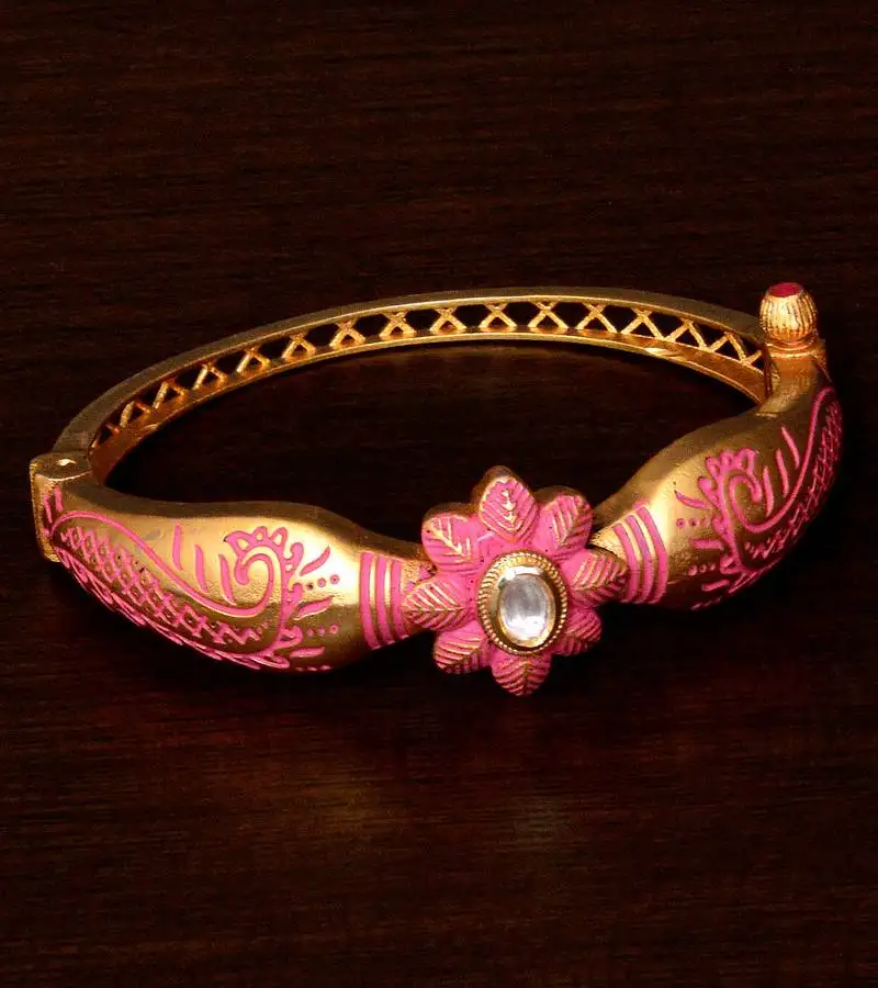 Copper made kundan stone embellished pink meenakari worked fine quality bracelet bd356