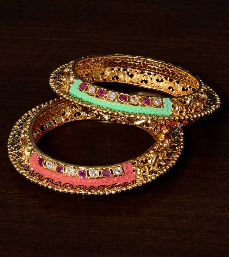 Copper made meenakari worked, ruby and cz embellished intricate pattern designer bangles bd362