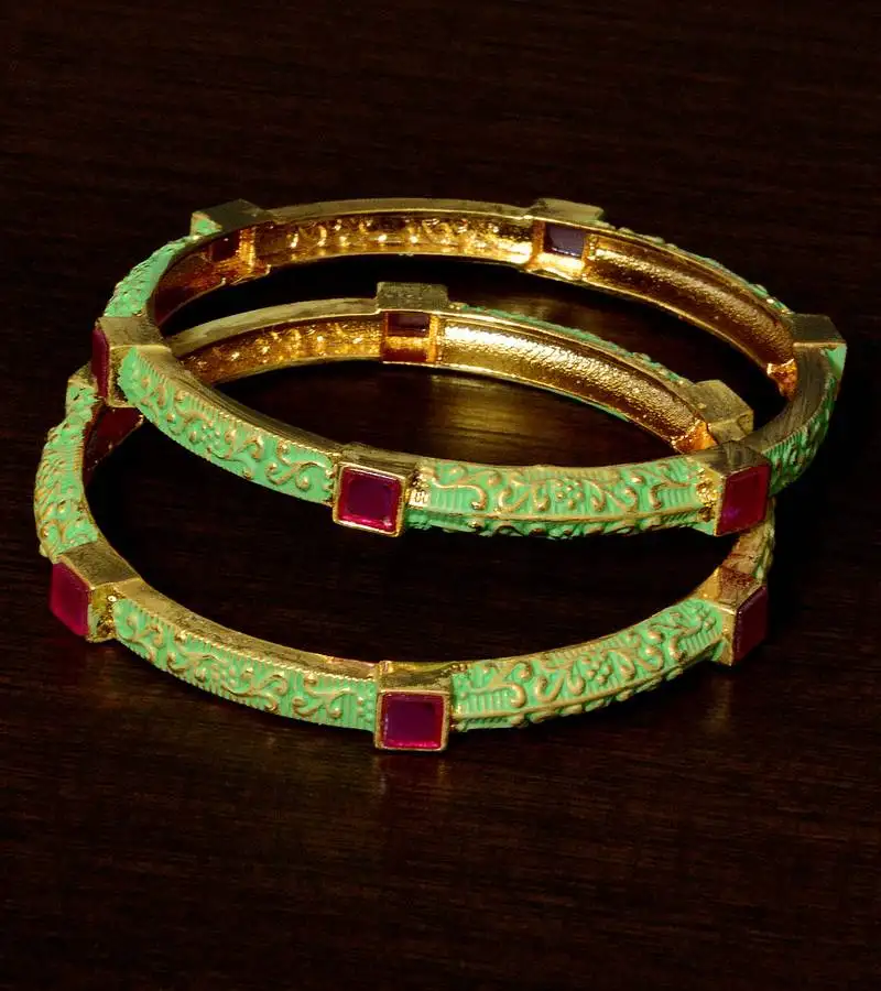 Copper made meenakari worked and ruby stone embellished pair of designer bangles bd369