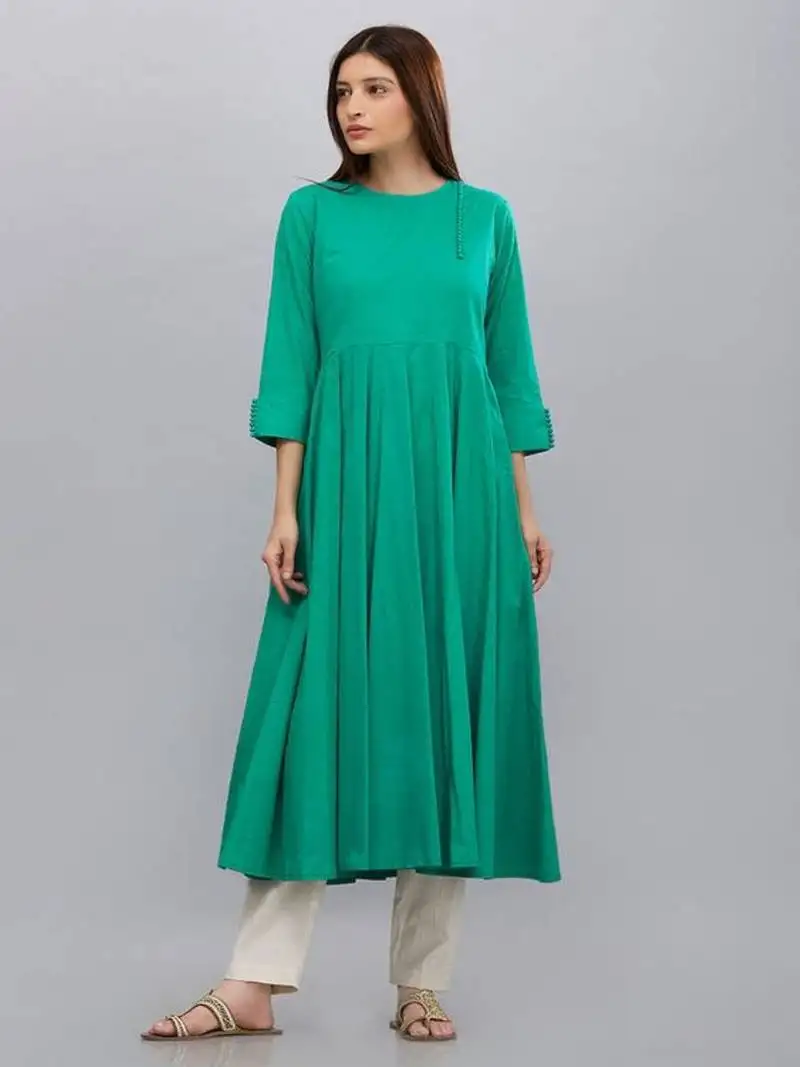Green plain cotton long-kurtis
