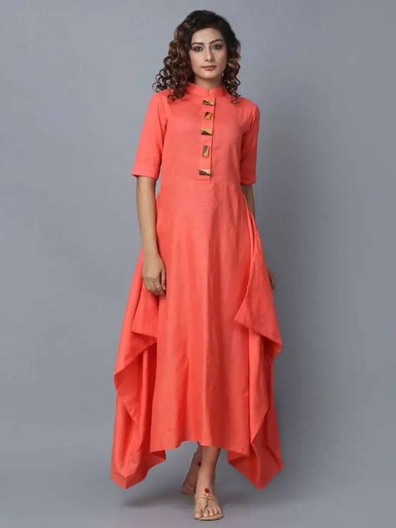 Orange plain cotton long-kurtis