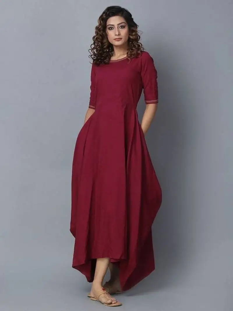 Maroon plain cotton long-kurtis
