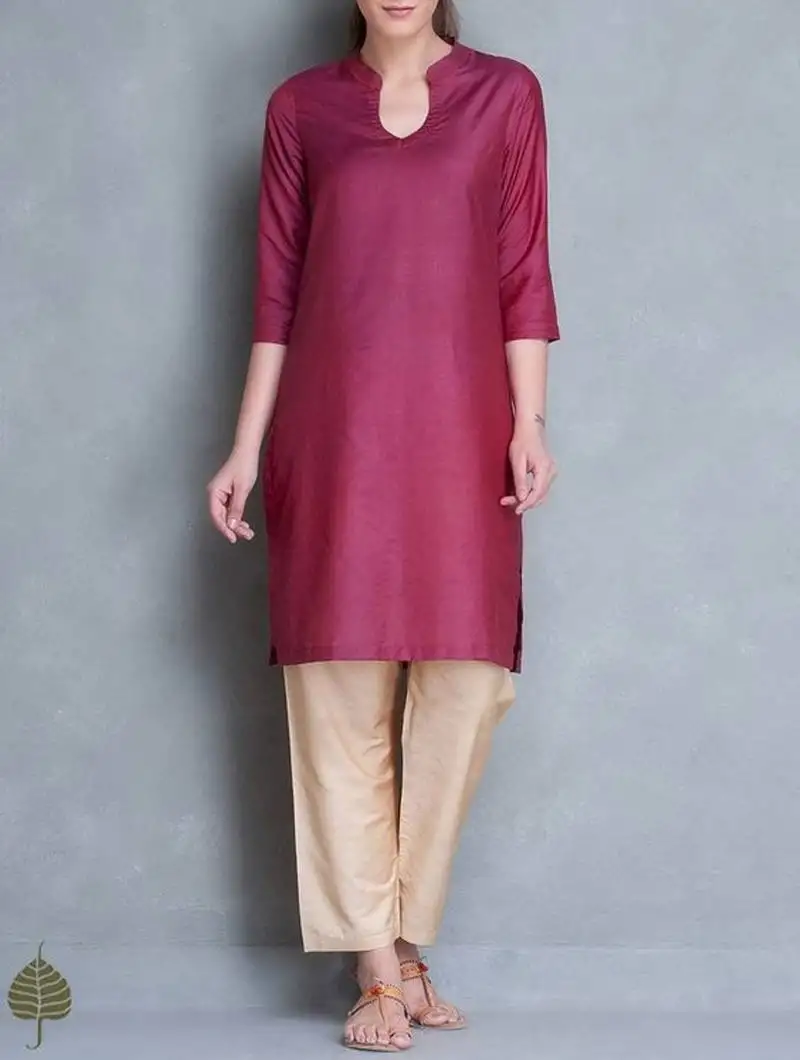 Maroon plain cotton long kurtis with pant