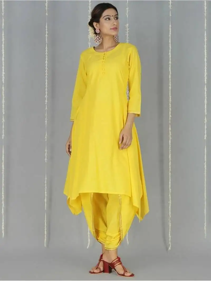 Yellow plain cotton long kurtis with pant