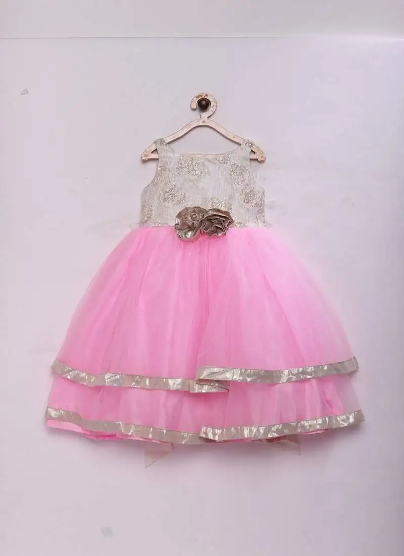 Pink woven brocade kids girls gown
