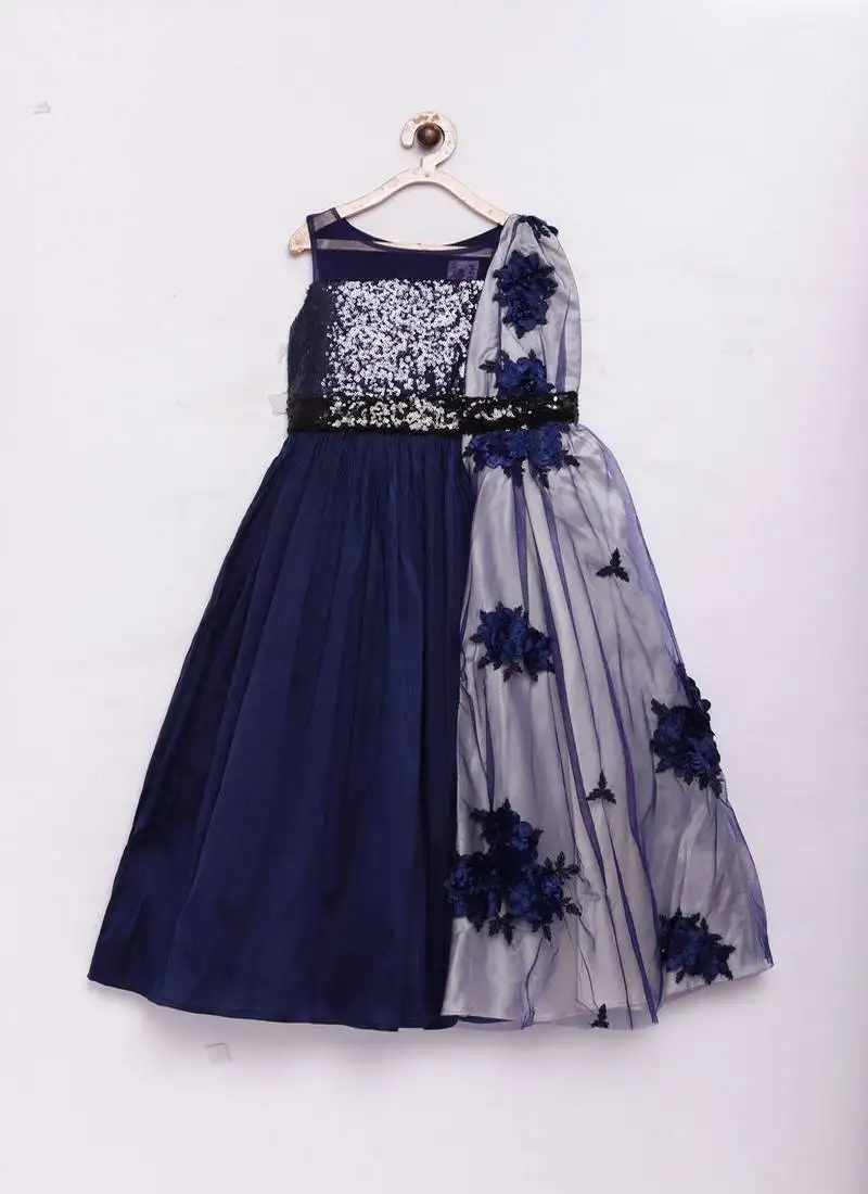 Blue woven taffeta kids girls gown