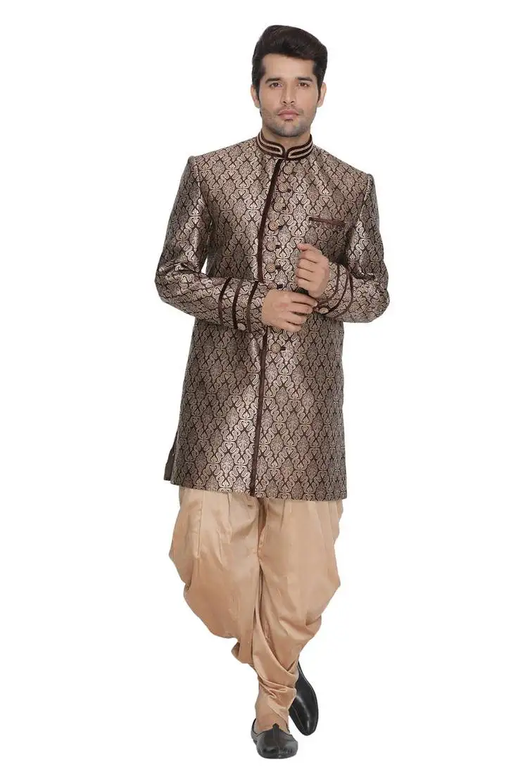 Brown plain blended cotton sherwani