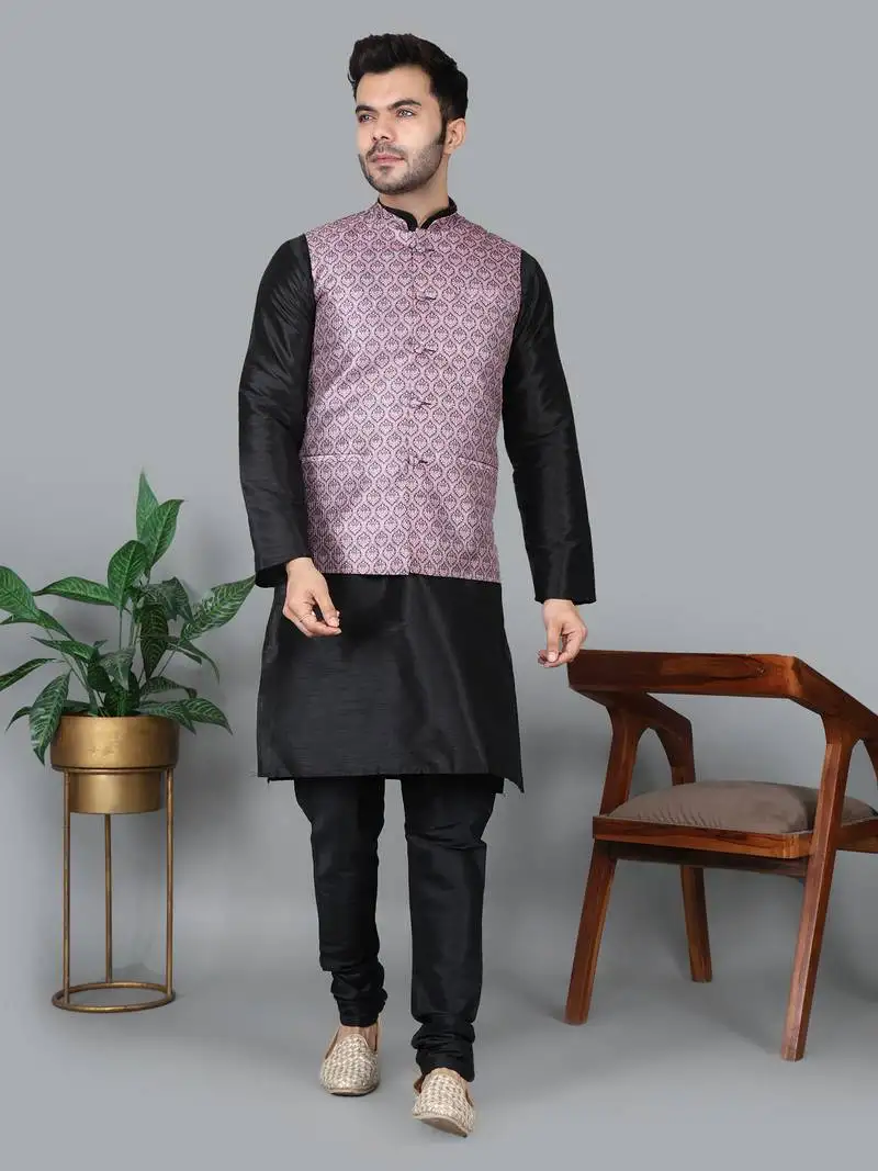 Men’s black kurta churidar with printed pink waistcoat (rg-19546-36)