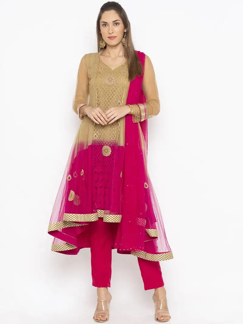 Beige embroidered faux net salwar stitched