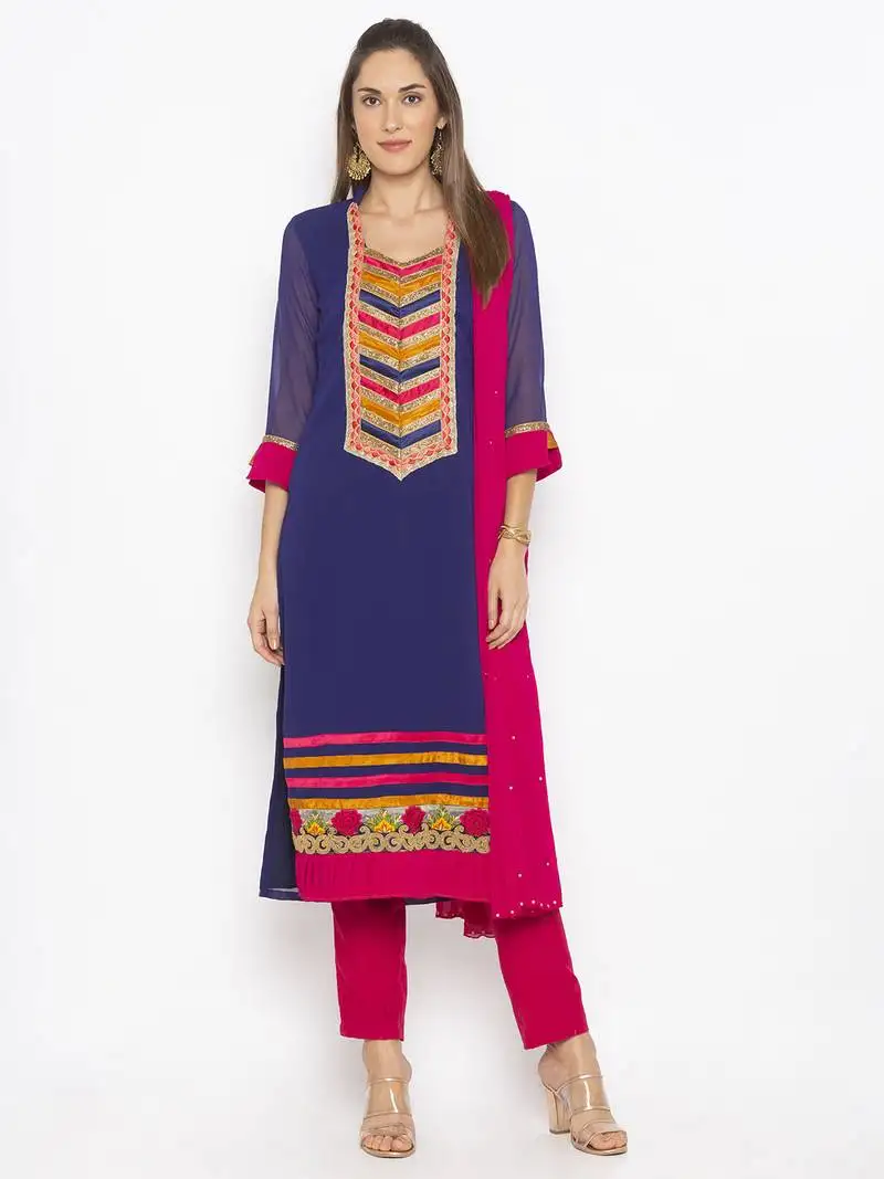 Dark blue embroidered georgette salwar stitched