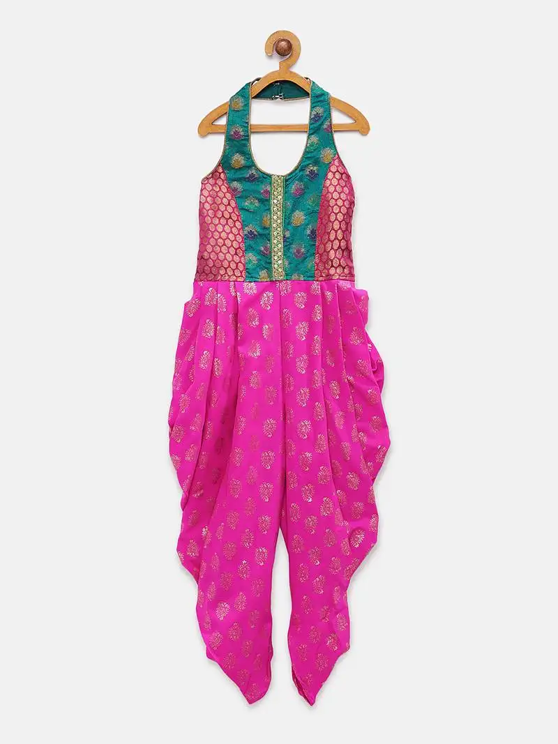 Pink printed brocade kids-frocks