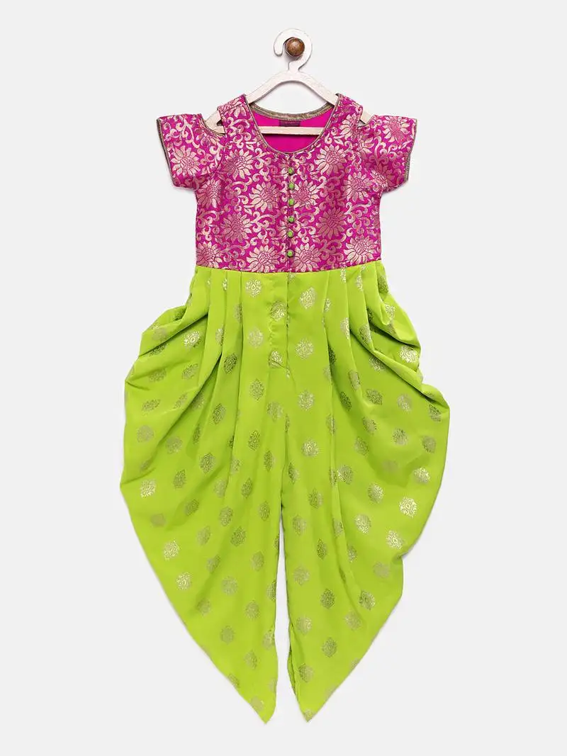 Purple printed brocade kids-frocks