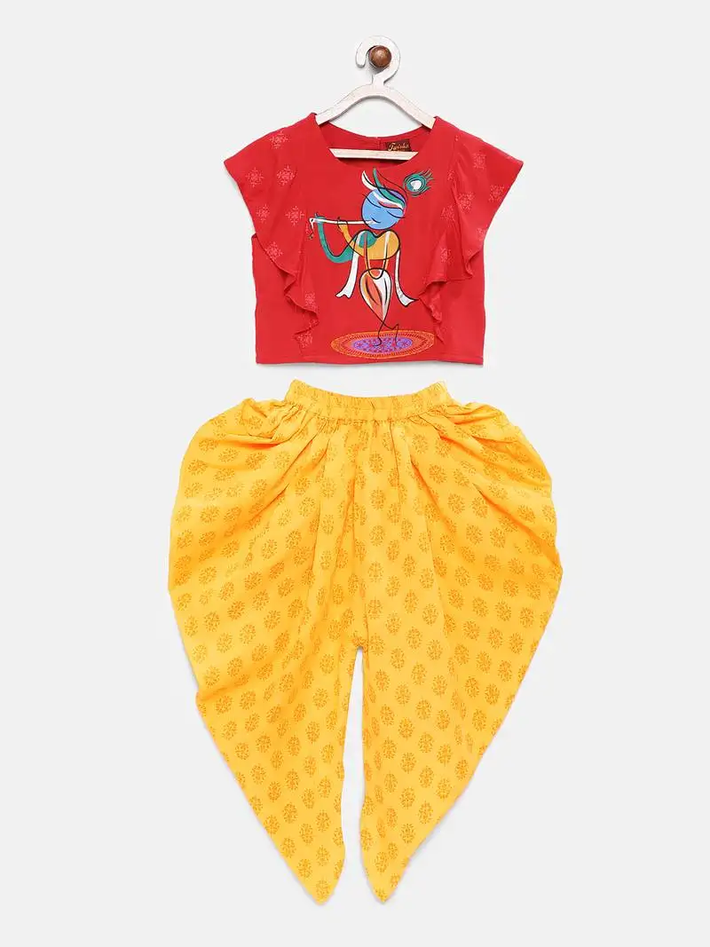 Red printed cotton top with dhoti for girls