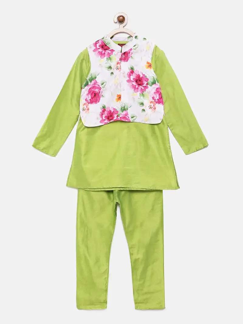 Green woven polyester boys-kurta-pyjama