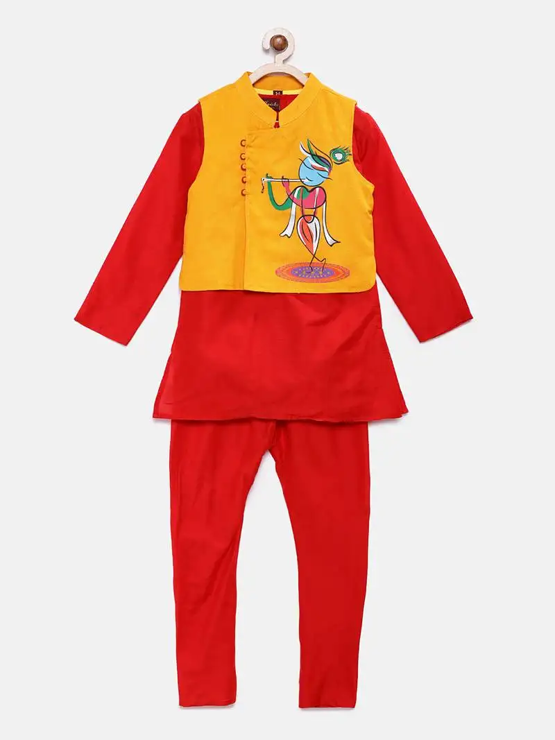 Red woven polyester boys-kurta-pyjama
