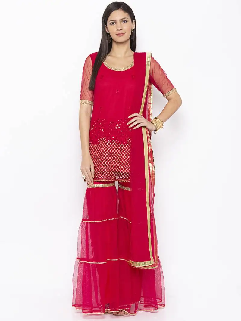 Maroon embroidered faux net salwar stitched