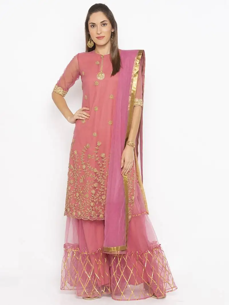 Light pink embroidered faux net salwar stitched