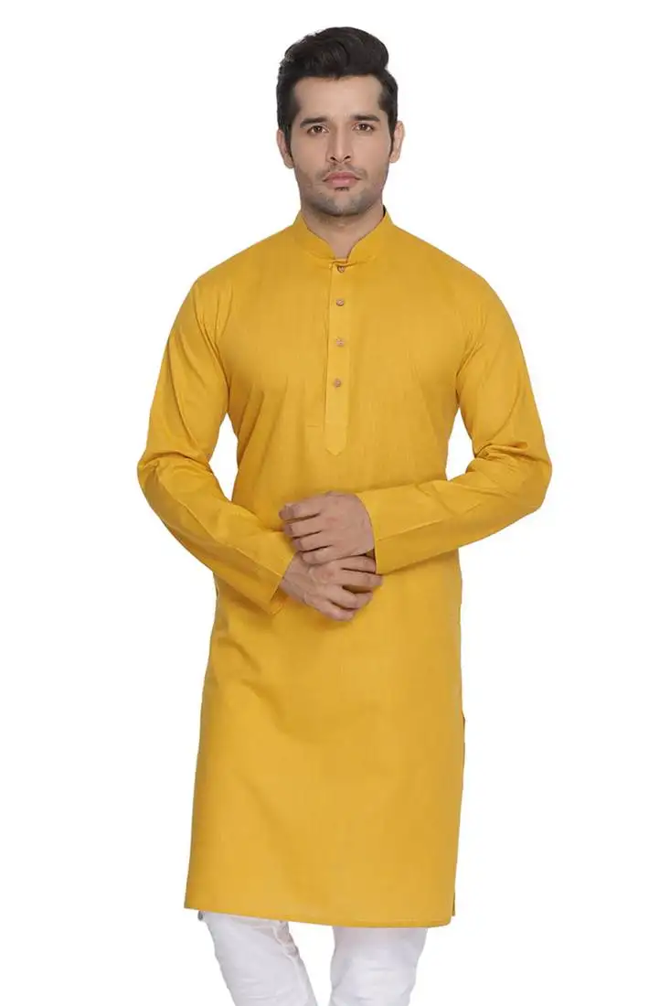 Men's yellow cotton linen blend kurta