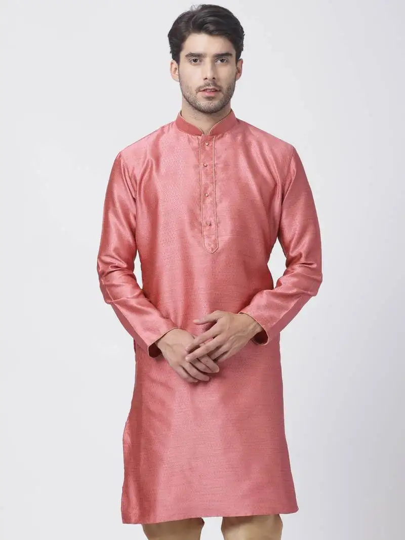 Pink plain cotton silk men-kurtas