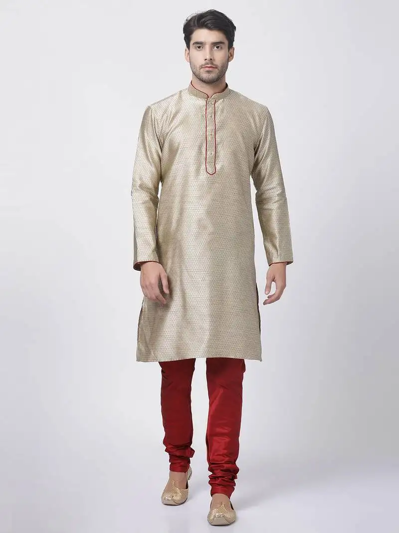 Beige plain blended cotton kurta-pajama