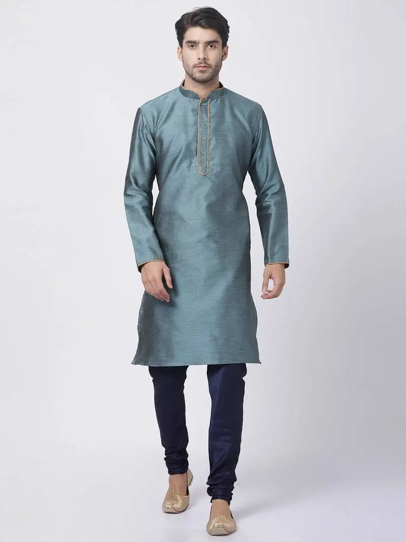 Blue plain blended cotton kurta pajama