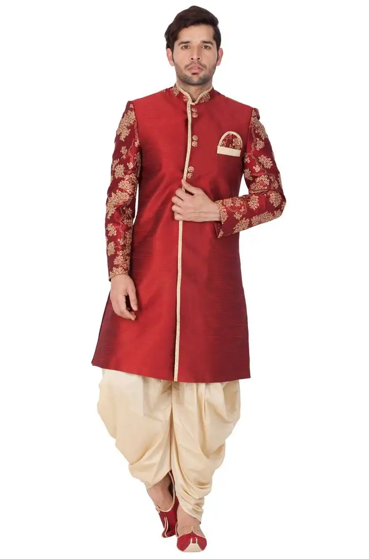 Maroon plain silk blend sherwani