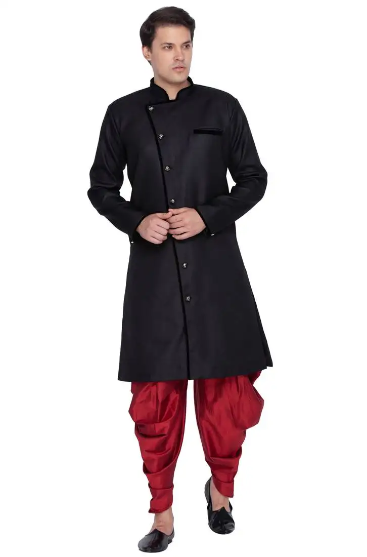 Black plain blended cotton sherwani