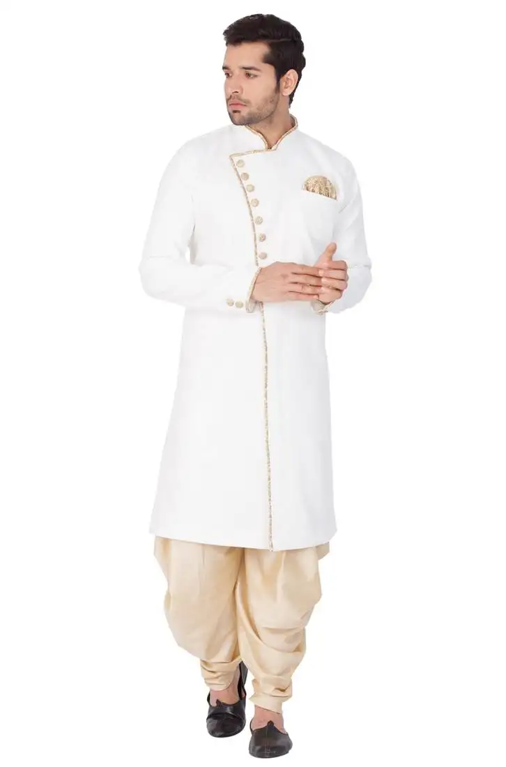 White plain blended cotton sherwani