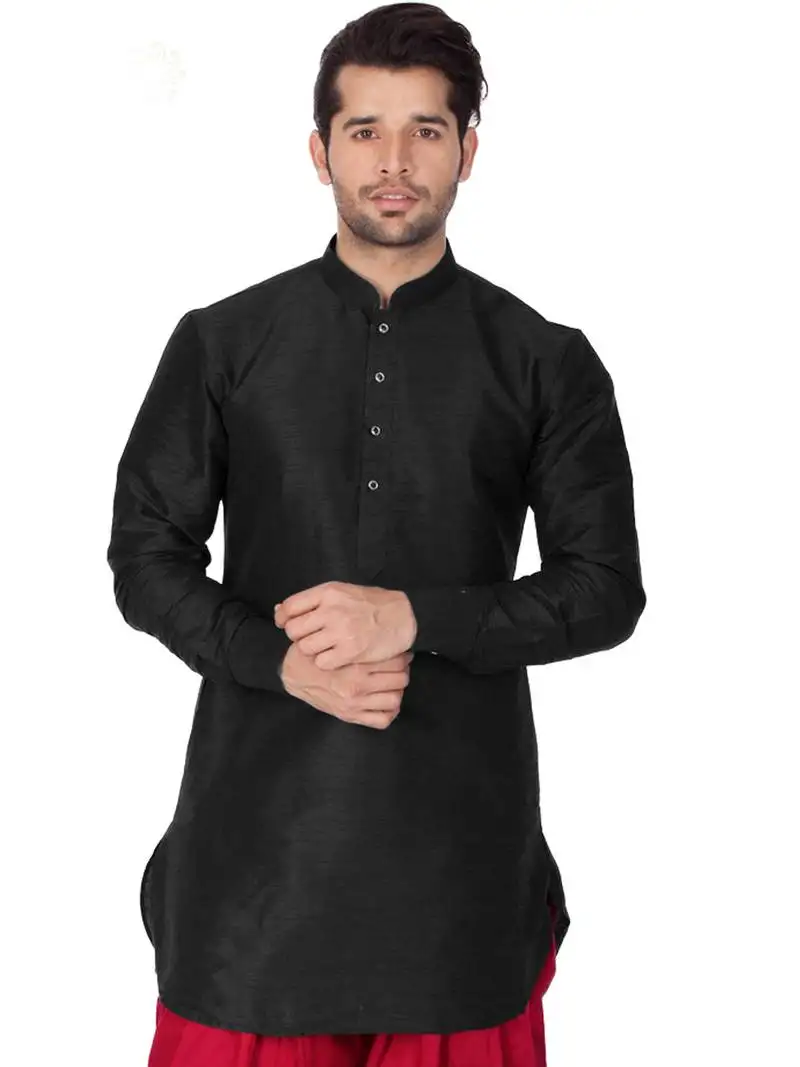 Black plain cotton silk men-kurtas