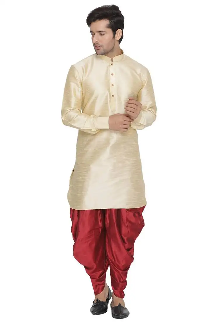 Gold plain blended cotton dhoti-kurta