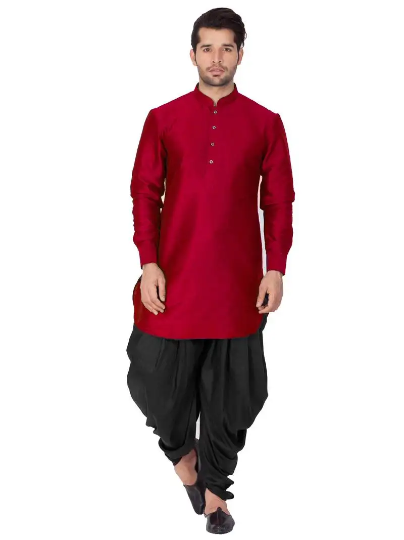 Maroon plain cotton silk dhoti kurta